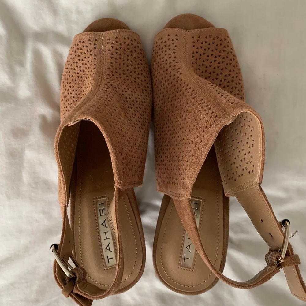 Tan Suede Tahari Bootie Heeled Peep toe Sandals
